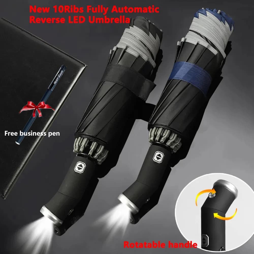 Fully Automatic Reverse Folding Umbrella With LED Flashlight 10Ribs Windproof Reflective Stripe UV Umbrellas For Sun Or Rain Day